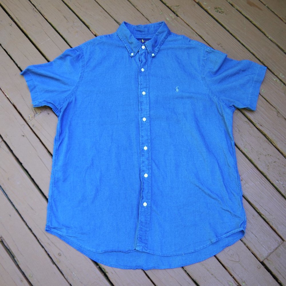 Men's XL 100% Cotton Ralph Lauren Pony Logo Short-Sleeved Indigo Oxford